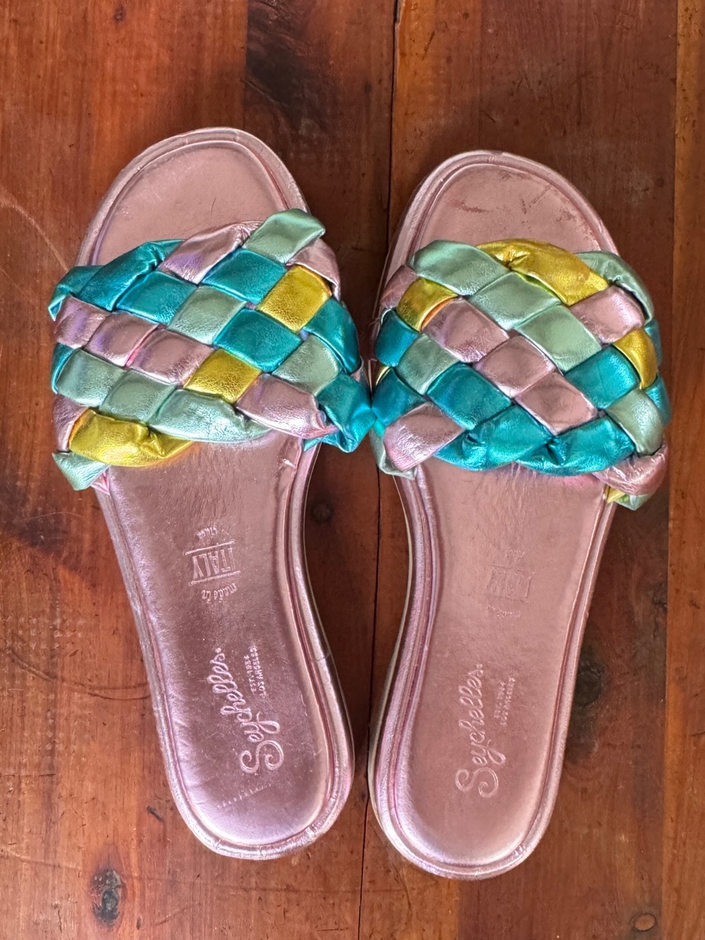 Seychelles Metallic Rose Gold Slides with Teal, Mint & Yellow Braided Straps
